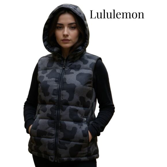 Lululemon Athletica Puffer Vest Goose Down Hooded Women's 8 Sleeveless Gray Camo - Picture 1 of 13